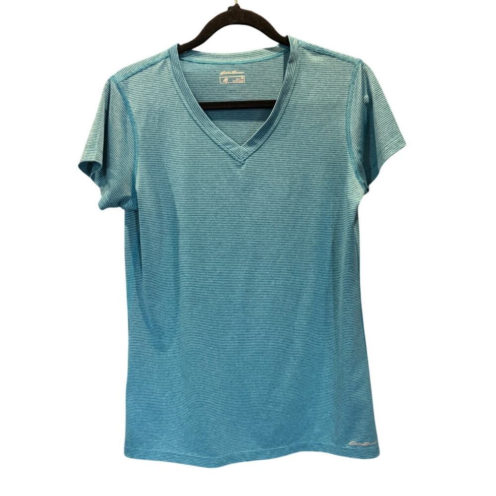Eddie Bauer Blue Striped V-Neck Tee Women's Medium Soft Casual Top